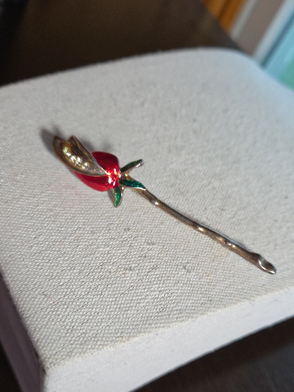 Vintage Red and Green Enamel Rose Gold Tone Brooch
